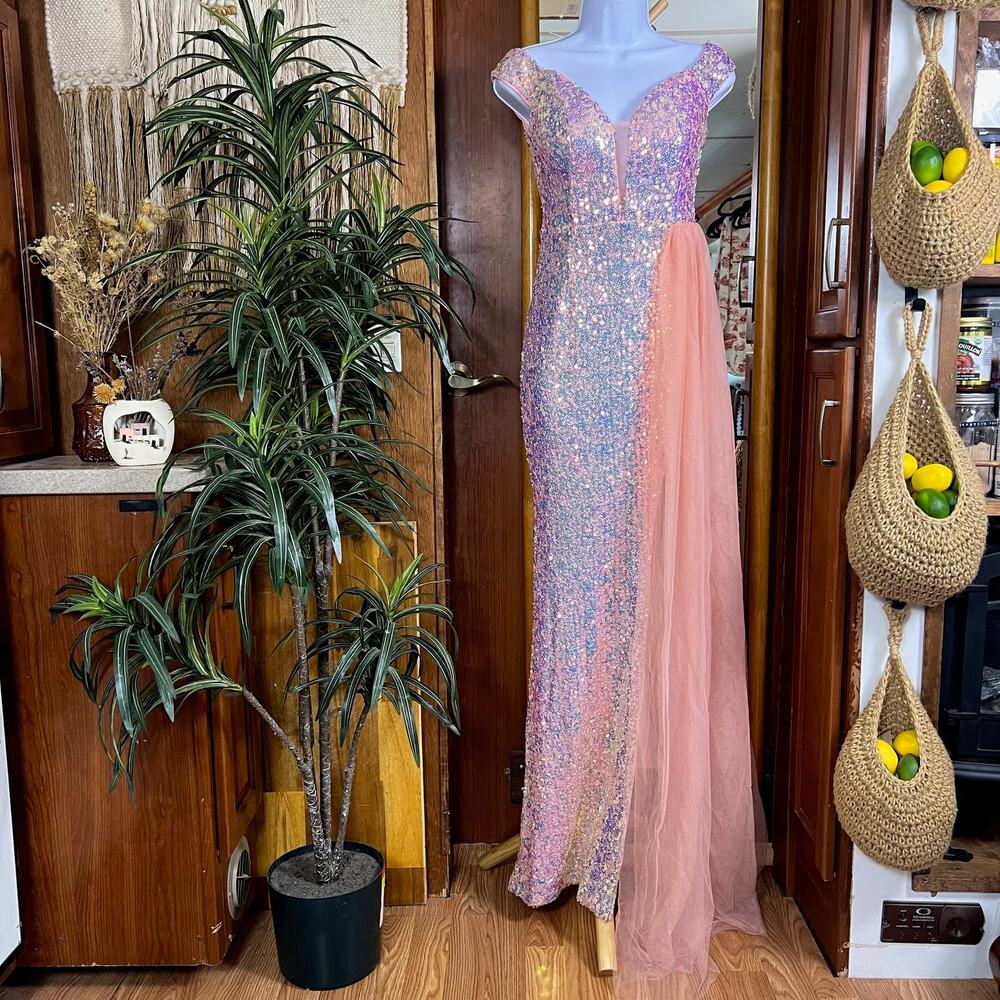 Blush Pink Sequin Mermaid Prom Gown S | Off Shoulder Slit Pageant Formal Dress